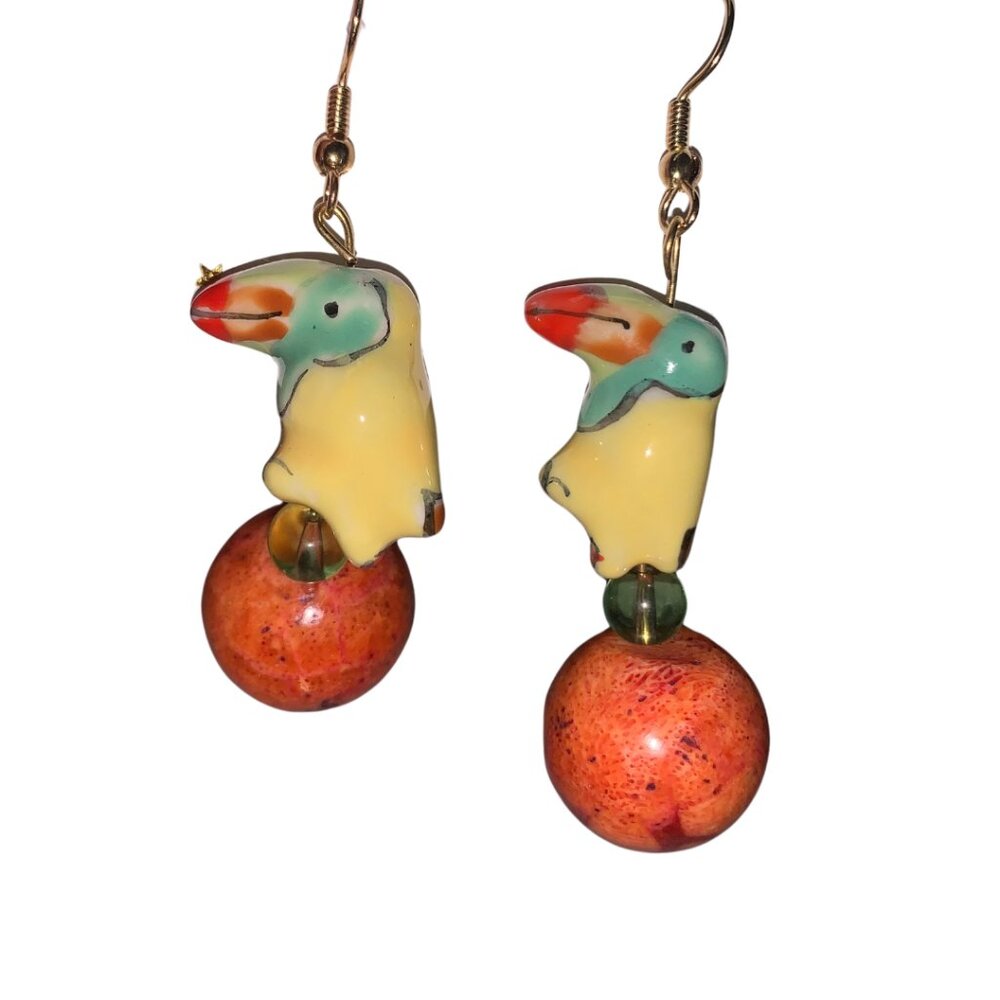 Yellow & Orange Ceramic Dangle Hand crafted Parrot Bird Earrings - Picture 2 of 4